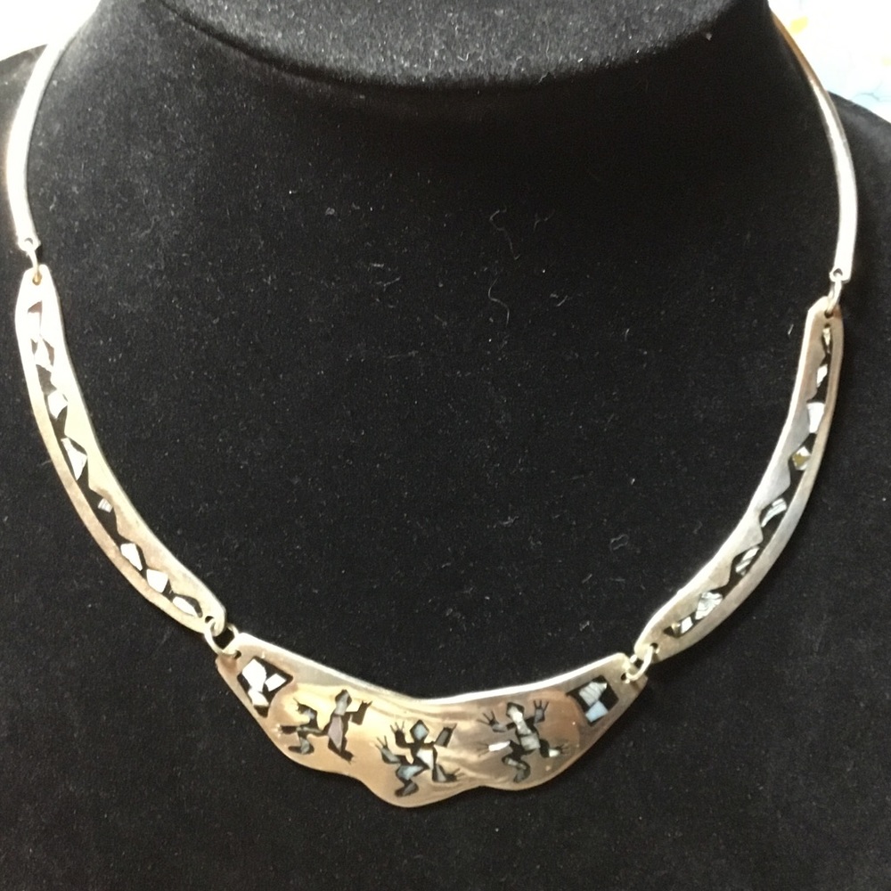 Alpaca Silver Abalone MOP Lizard Necklace Mexico Inlay Fishhook Clasp EVC